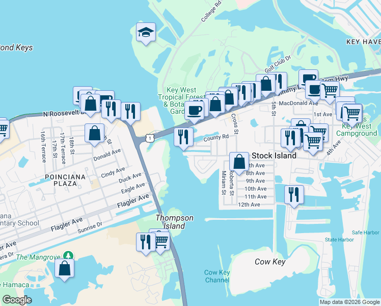 map of restaurants, bars, coffee shops, grocery stores, and more near 5020 5th Avenue in Stock Island