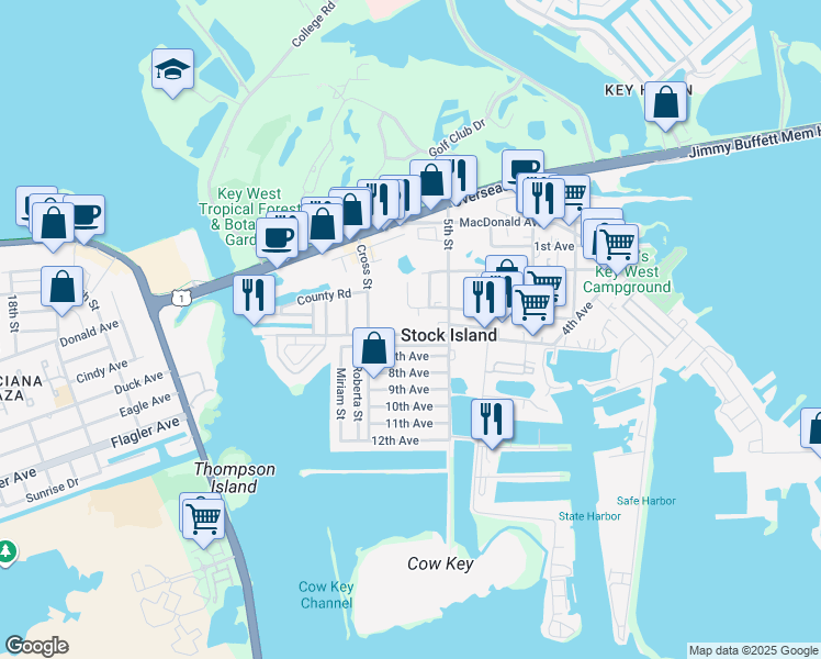 map of restaurants, bars, coffee shops, grocery stores, and more near 15 6th Avenue in Key West