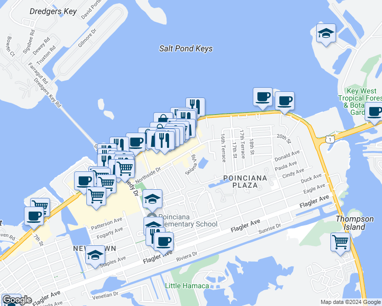 map of restaurants, bars, coffee shops, grocery stores, and more near 3312 Northside Drive in Key West