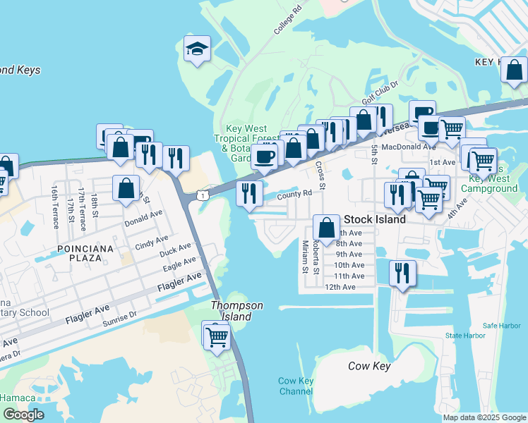 map of restaurants, bars, coffee shops, grocery stores, and more near 5031 5th Avenue in Key West