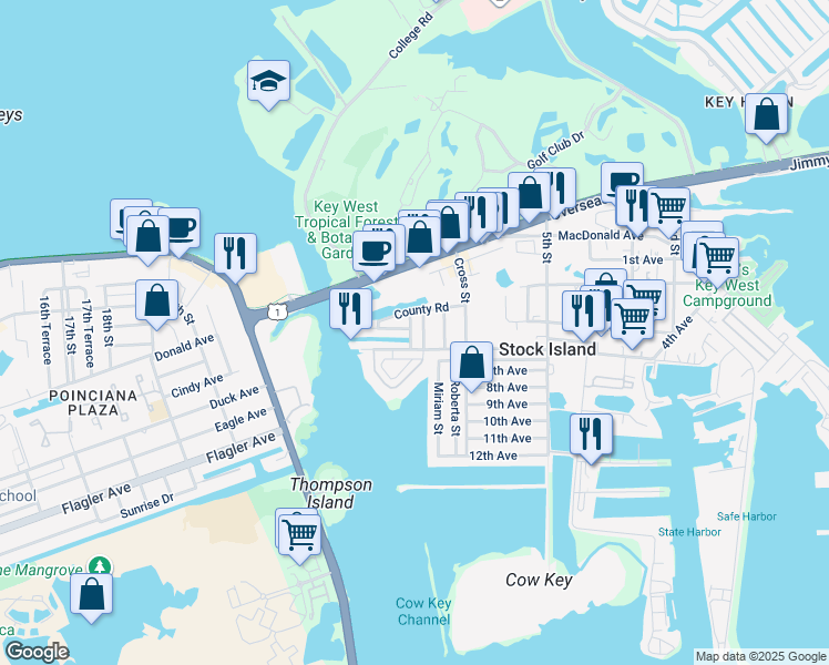 map of restaurants, bars, coffee shops, grocery stores, and more near 424 County Road in Key West