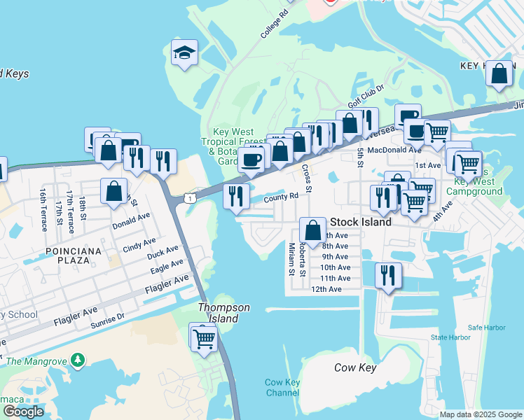 map of restaurants, bars, coffee shops, grocery stores, and more near 5031 5th Avenue in Key West