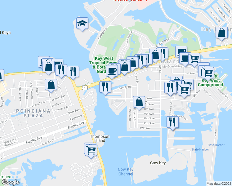 map of restaurants, bars, coffee shops, grocery stores, and more near 5031 5th Avenue in Key West