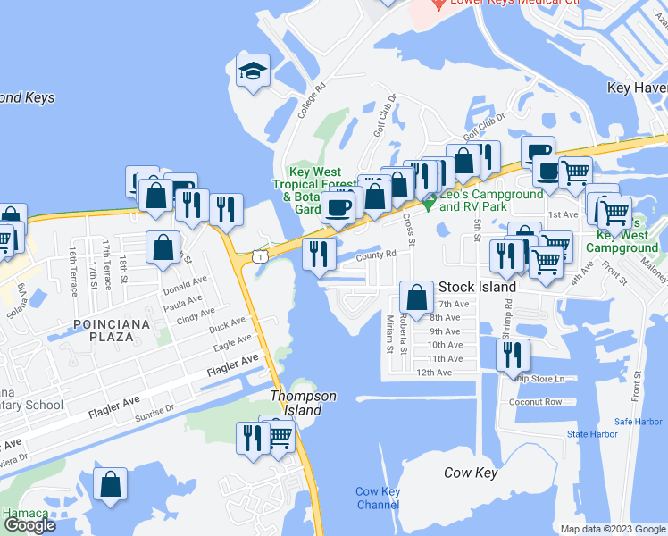 map of restaurants, bars, coffee shops, grocery stores, and more near 5001 5th Avenue in Key West
