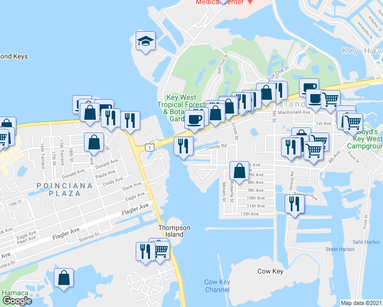 map of restaurants, bars, coffee shops, grocery stores, and more near 5001 5th Avenue in Key West