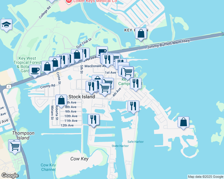 map of restaurants, bars, coffee shops, grocery stores, and more near 6419 2nd Terrace in Key West