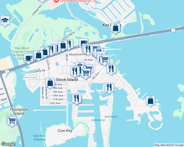map of restaurants, bars, coffee shops, grocery stores, and more near 6415 2nd Terrace in Key West