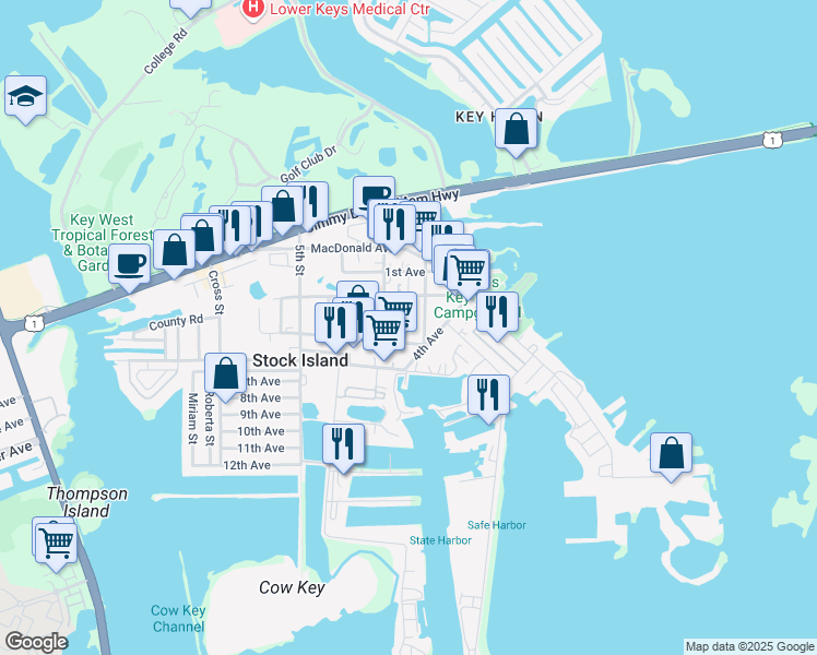 map of restaurants, bars, coffee shops, grocery stores, and more near 6415 2nd Terrace in Key West