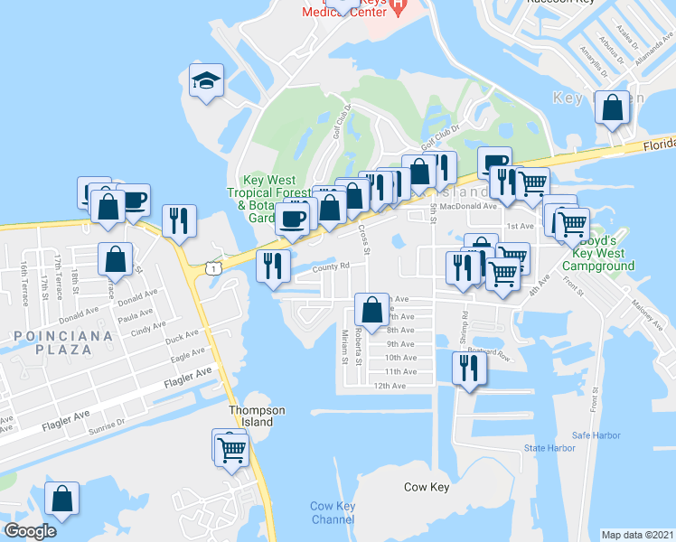 map of restaurants, bars, coffee shops, grocery stores, and more near 424 County Road in Key West