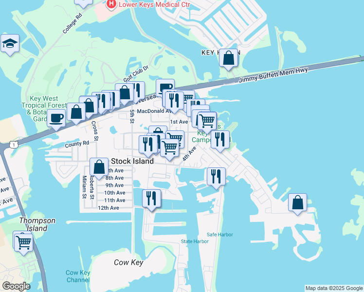 map of restaurants, bars, coffee shops, grocery stores, and more near 6415 2nd Terrace in Key West
