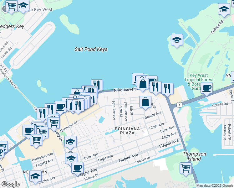 map of restaurants, bars, coffee shops, grocery stores, and more near 3444 North Roosevelt Boulevard in Key West