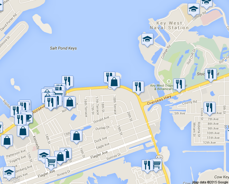 map of restaurants, bars, coffee shops, grocery stores, and more near 3500 North Roosevelt Boulevard in Key West