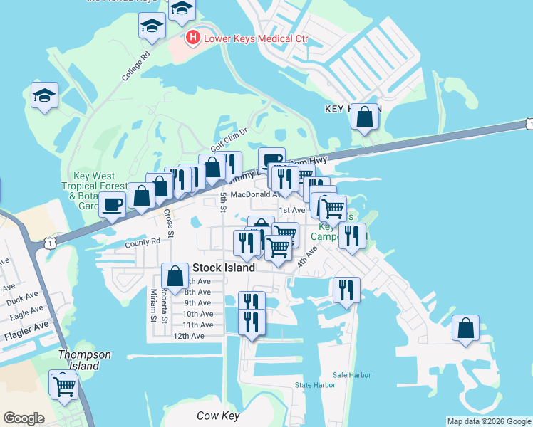map of restaurants, bars, coffee shops, grocery stores, and more near 5585 2nd Avenue in Key West