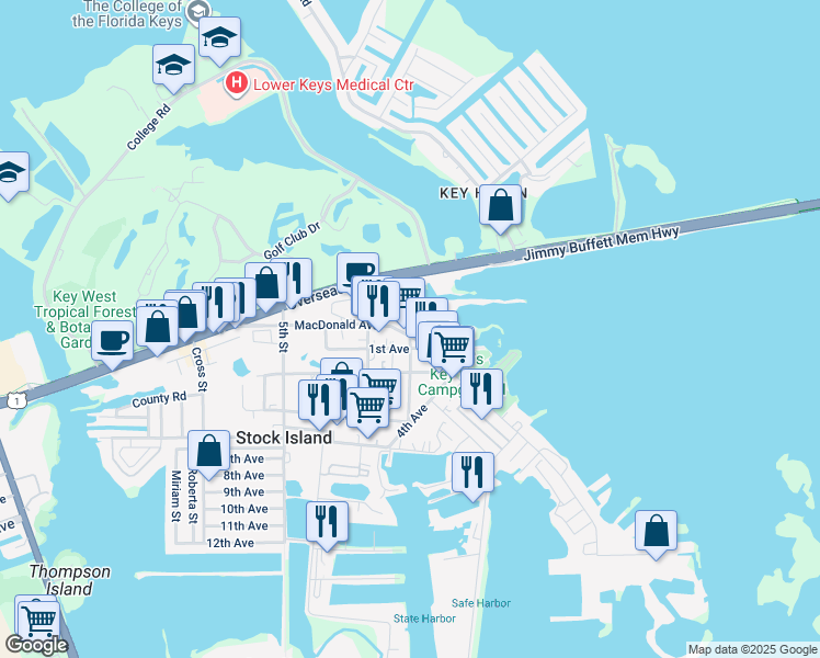 map of restaurants, bars, coffee shops, grocery stores, and more near 5671 MacDonald Ave in Key West