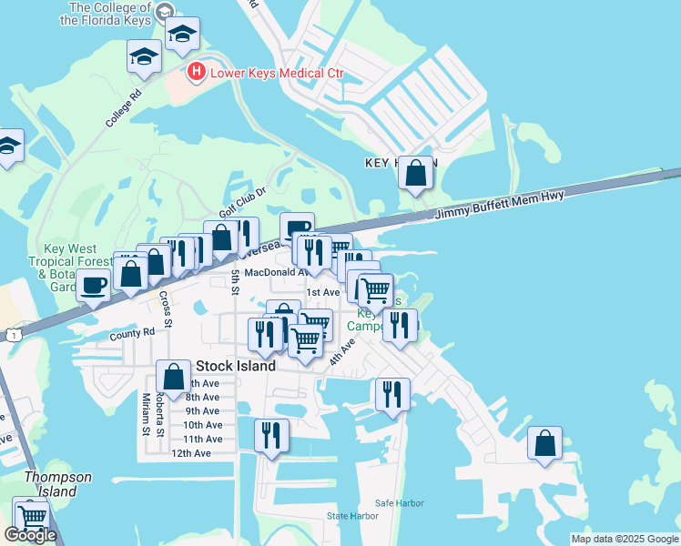 map of restaurants, bars, coffee shops, grocery stores, and more near 5671 MacDonald Ave in Key West