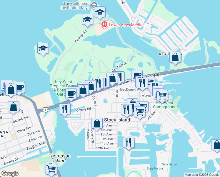 map of restaurants, bars, coffee shops, grocery stores, and more near 5300 Overseas Highway in Naval Air Station Key West