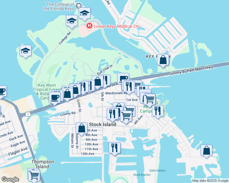 map of restaurants, bars, coffee shops, grocery stores, and more near 11 Coral Way in Key West