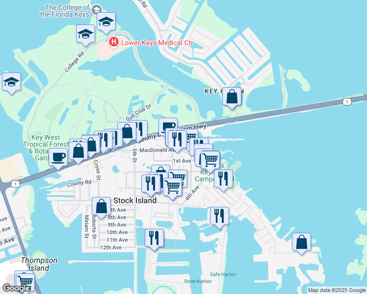 map of restaurants, bars, coffee shops, grocery stores, and more near 5671 Macdonald Avenue in Key West