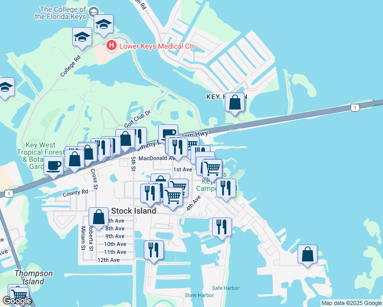 map of restaurants, bars, coffee shops, grocery stores, and more near 5671 MacDonald Ave in Key West