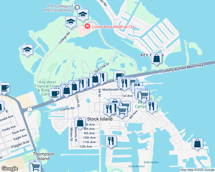 map of restaurants, bars, coffee shops, grocery stores, and more near 11 Coral Way in Key West