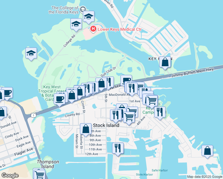 map of restaurants, bars, coffee shops, grocery stores, and more near 11 Coral Way in Key West