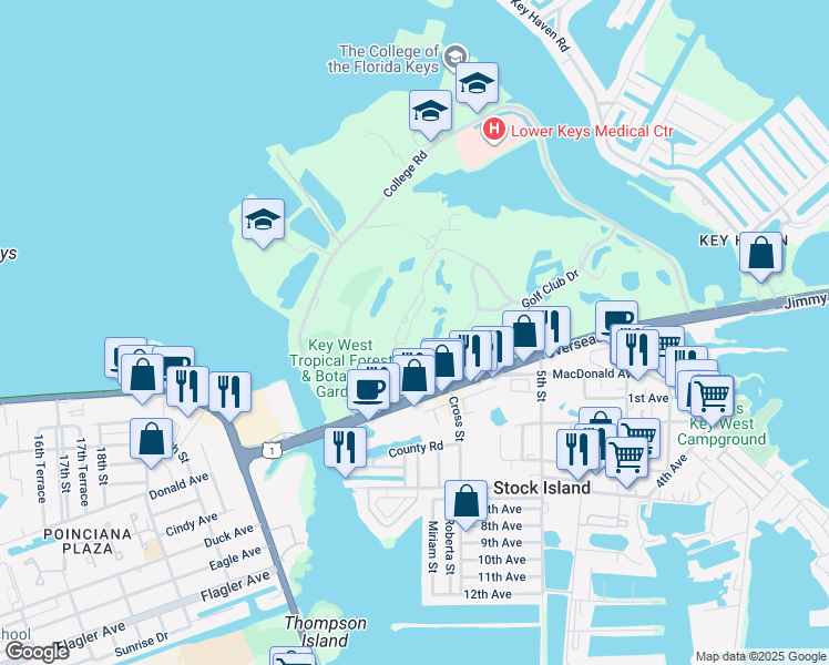 map of restaurants, bars, coffee shops, grocery stores, and more near 259 Golf Club Drive in Key West