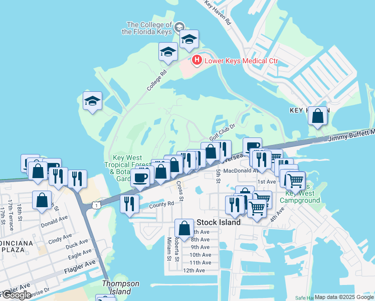 map of restaurants, bars, coffee shops, grocery stores, and more near 44 Spoonbill Way in Key West