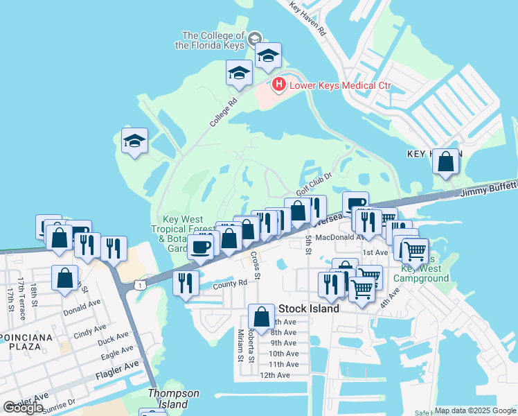 map of restaurants, bars, coffee shops, grocery stores, and more near 44 Spoonbill Way in Key West