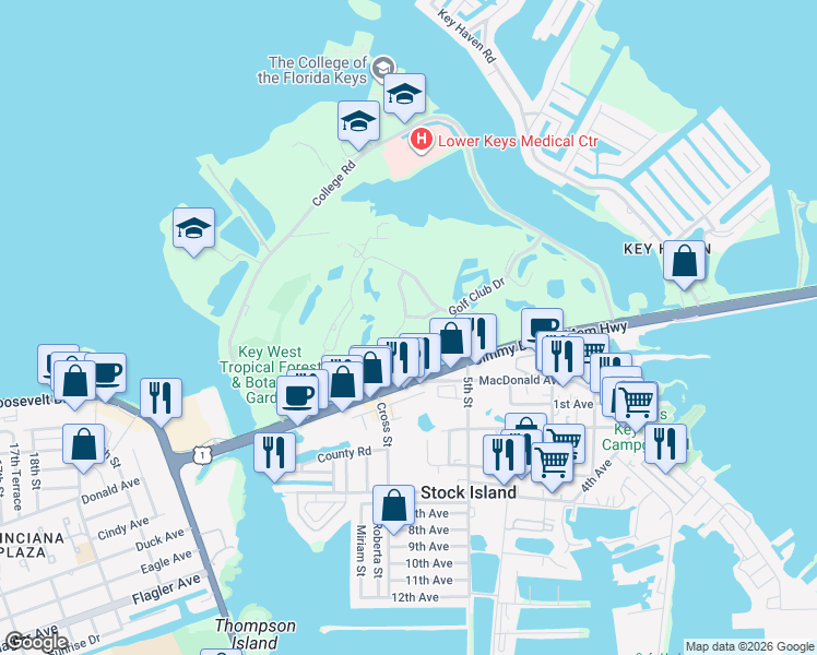 map of restaurants, bars, coffee shops, grocery stores, and more near 15 Kestral Way in Key West