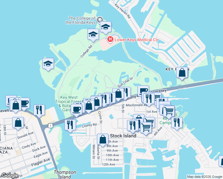 map of restaurants, bars, coffee shops, grocery stores, and more near 15 Kestral Way in Key West