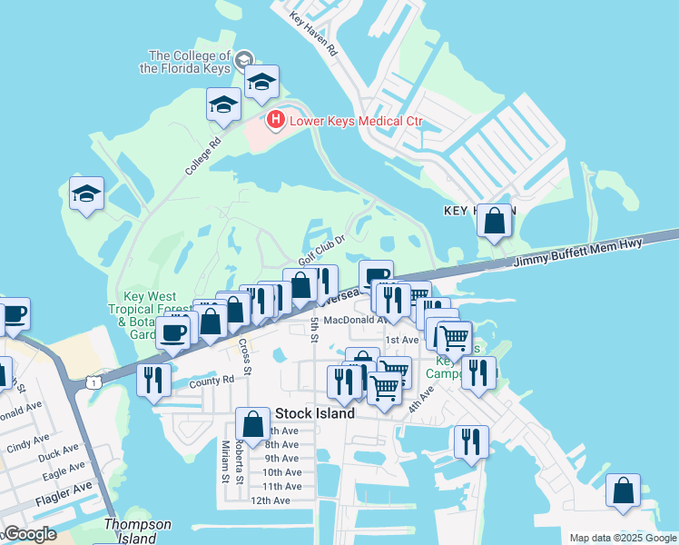 map of restaurants, bars, coffee shops, grocery stores, and more near 46 Kingfisher Lane in Key West