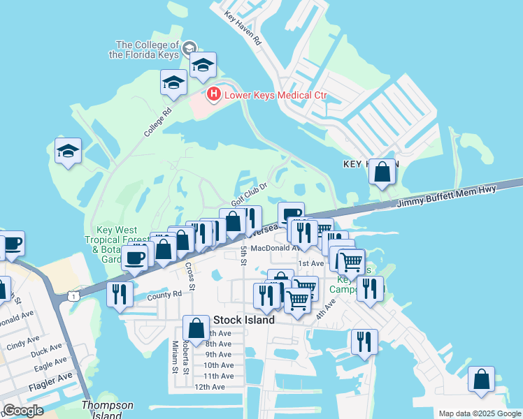 map of restaurants, bars, coffee shops, grocery stores, and more near 46 Kingfisher Lane in Key West