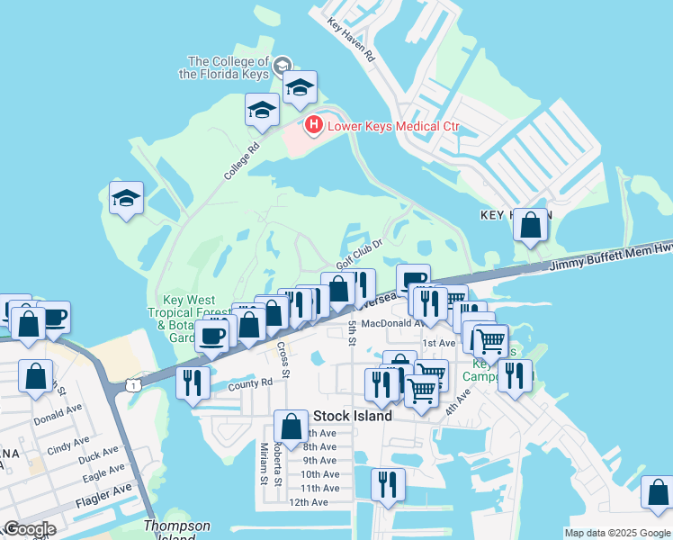 map of restaurants, bars, coffee shops, grocery stores, and more near 58 Golf Club Drive in Key West