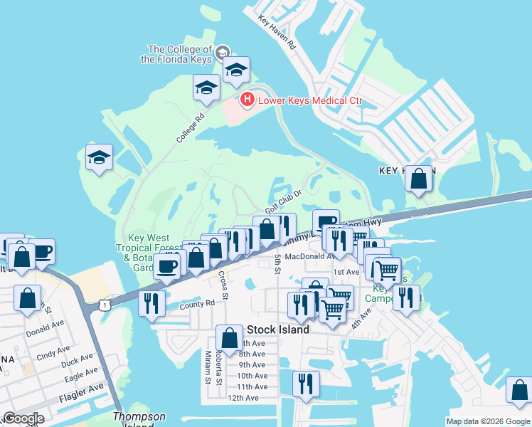 map of restaurants, bars, coffee shops, grocery stores, and more near 26 Kingfisher Lane in Key West