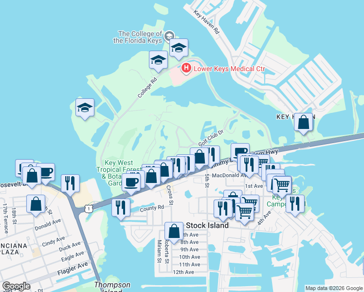 map of restaurants, bars, coffee shops, grocery stores, and more near 15 Kestral Way in Key West