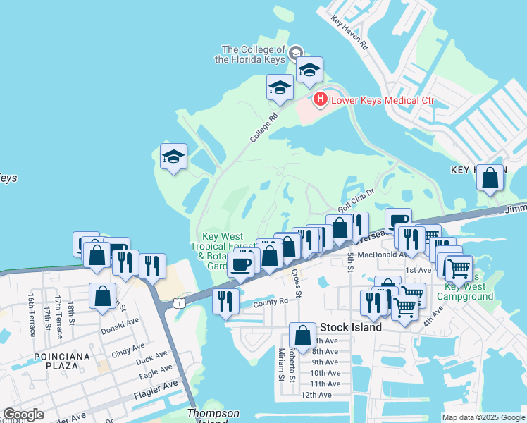 map of restaurants, bars, coffee shops, grocery stores, and more near 259 Golf Club Drive in Key West