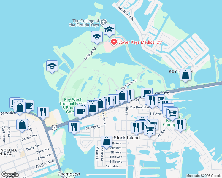 map of restaurants, bars, coffee shops, grocery stores, and more near 15 Kestral Way in Key West