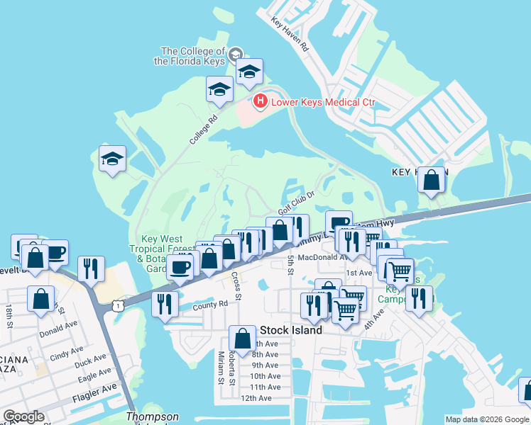 map of restaurants, bars, coffee shops, grocery stores, and more near 91 Golf Club Drive in Key West