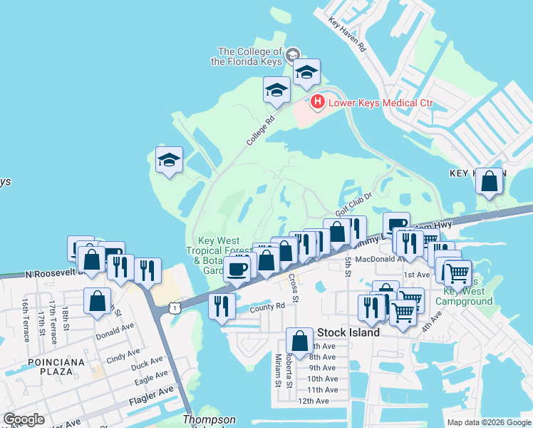 map of restaurants, bars, coffee shops, grocery stores, and more near 189 Golf Club Drive in Key West