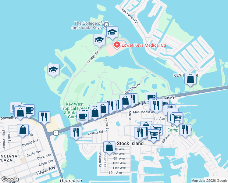 map of restaurants, bars, coffee shops, grocery stores, and more near 91 Golf Club Drive in Key West