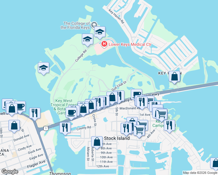 map of restaurants, bars, coffee shops, grocery stores, and more near 91 Golf Club Drive in Key West