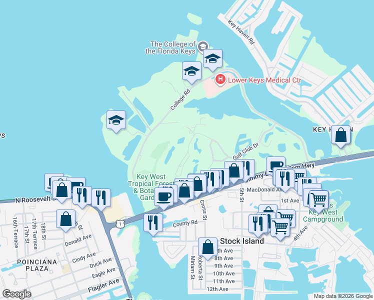 map of restaurants, bars, coffee shops, grocery stores, and more near 189 Golf Club Drive in Key West