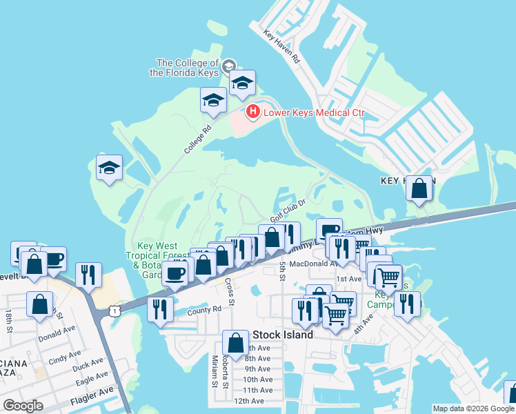 map of restaurants, bars, coffee shops, grocery stores, and more near 91 Golf Club Drive in Key West