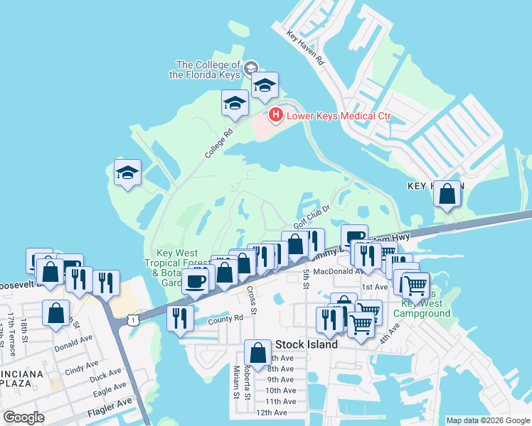 map of restaurants, bars, coffee shops, grocery stores, and more near 10 Spoonbill Way in Key West
