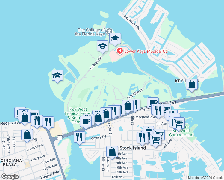 map of restaurants, bars, coffee shops, grocery stores, and more near 10 Spoonbill Way in Key West