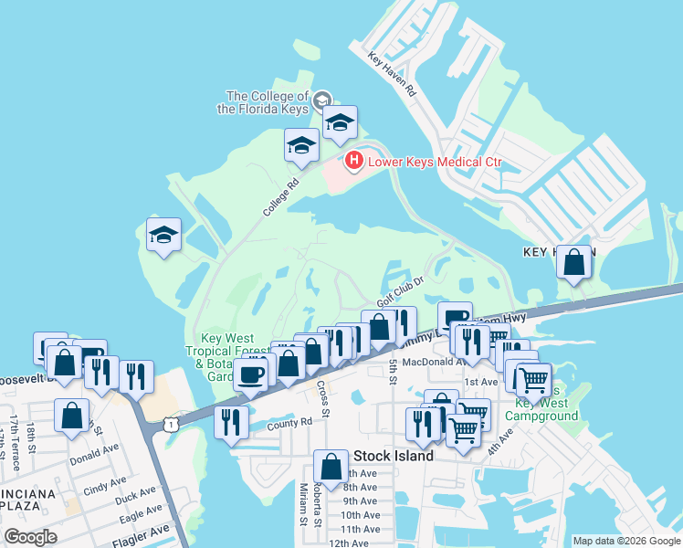 map of restaurants, bars, coffee shops, grocery stores, and more near 10 Spoonbill Way in Key West