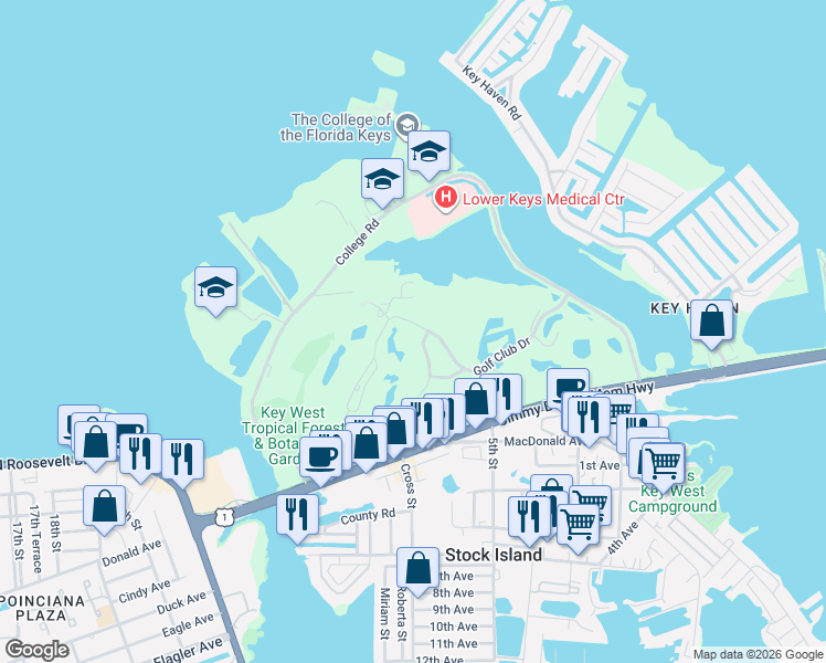 map of restaurants, bars, coffee shops, grocery stores, and more near 10 Spoonbill Way in Key West