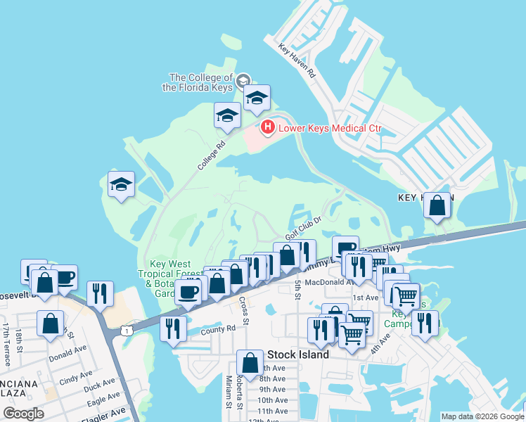 map of restaurants, bars, coffee shops, grocery stores, and more near 119 Golf Club Drive in Key West