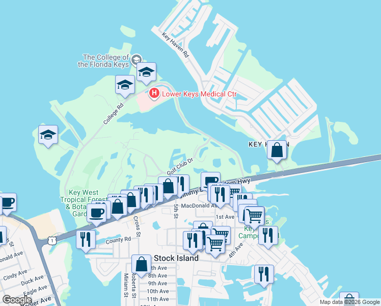 map of restaurants, bars, coffee shops, grocery stores, and more near 38 Merganser Lane in Key West