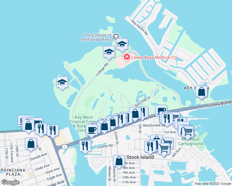 map of restaurants, bars, coffee shops, grocery stores, and more near 159 Golf Club Drive in Key West